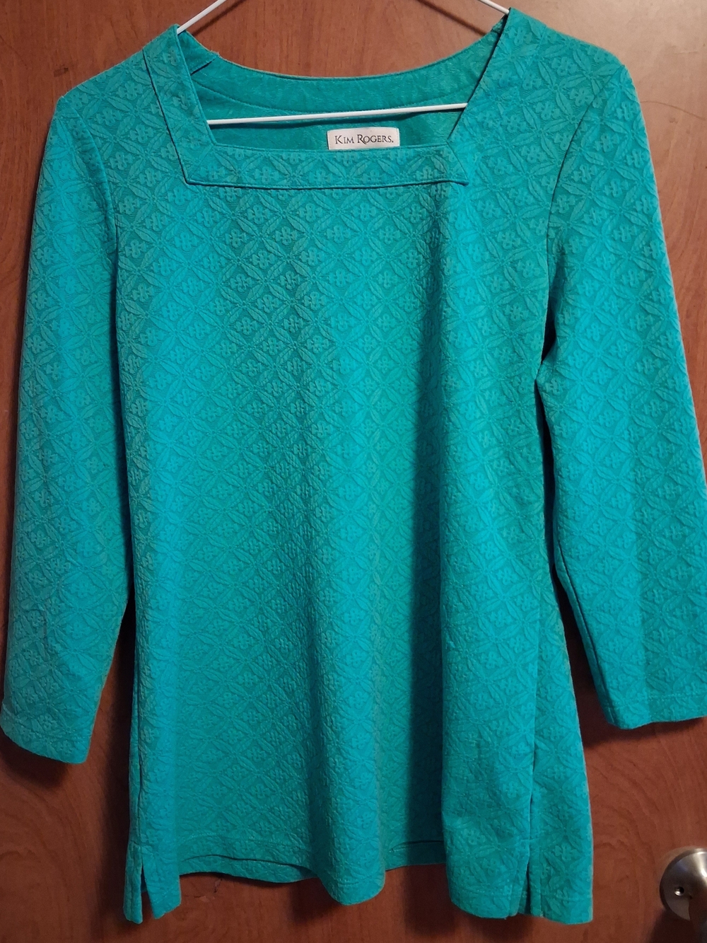 Kim Rogers Teal Diamond-Textured Square Neck Top
